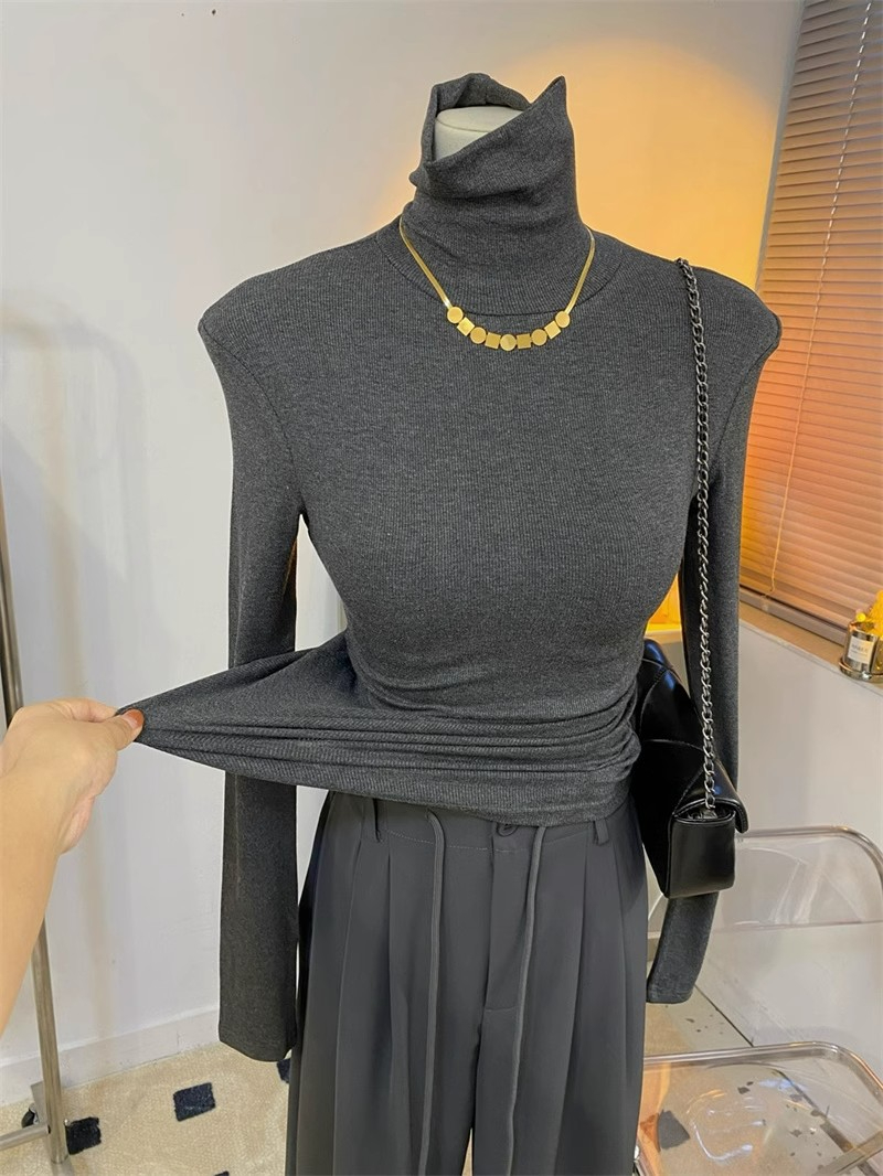Rayon 2X2 2023 autumn and winter inner high collar tight threaded long-sleeved T-shirt for women