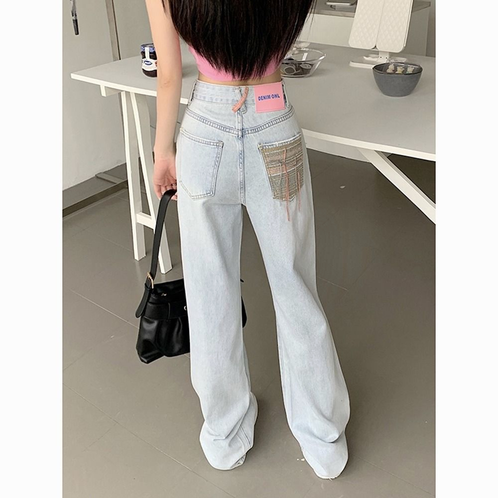 淺藍色闊腿復古牛仔褲女2024春夏新款高腰寬鬆休閒顯瘦垂感直筒褲