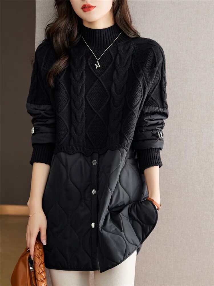 High-end twist knitted fake two-piece sweater for women, patchwork cotton coat, half turtleneck, large size, mid-length, western style, light cotton coat