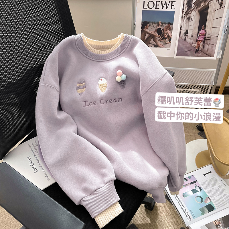 小C家拼接假兩件減齡刺繡衛衣女2023年冬季加絨洋氣百搭套頭上衣