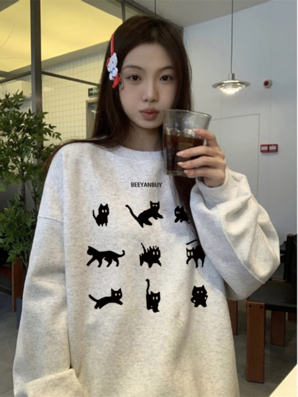 花灰色加絨衛衣女秋冬款2024新款圓領無帽正肩復古加厚寬鬆上衣女