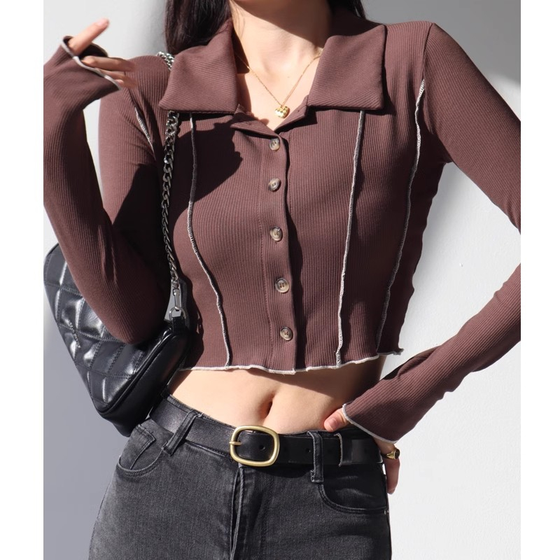 American retro topstitched lapel long-sleeved T-shirt for women high-waisted elastic slim slimming single-breasted buttoned bottoming shirt