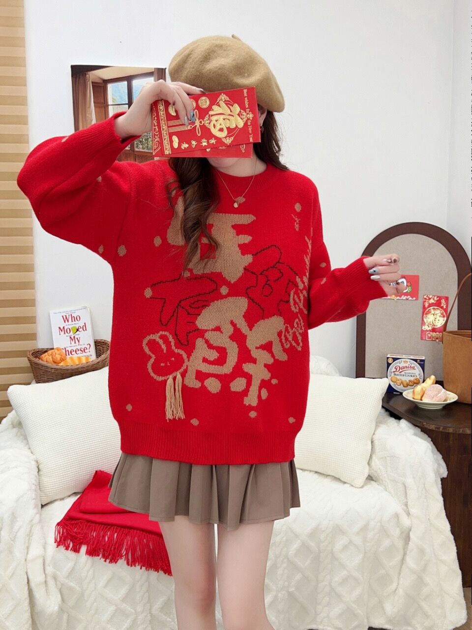 紅色新年加厚年年有餘針織衫女秋冬寬鬆慵懶風百搭拜年服聖誕毛衣