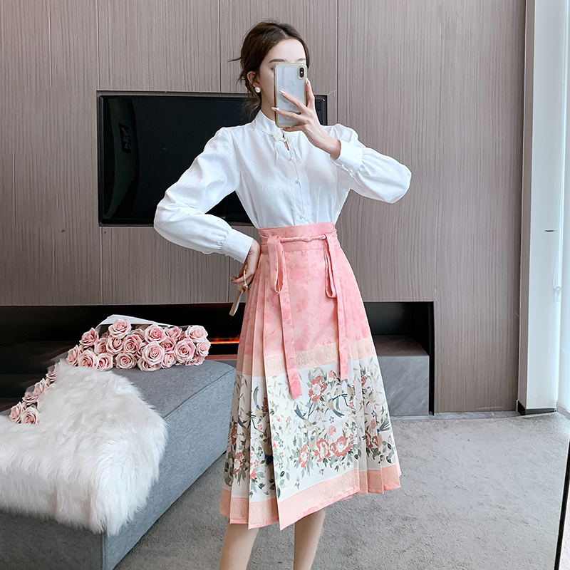 實拍春錦春夏新中式國風女改良漢服粉色馬面裙日常小個子套裝