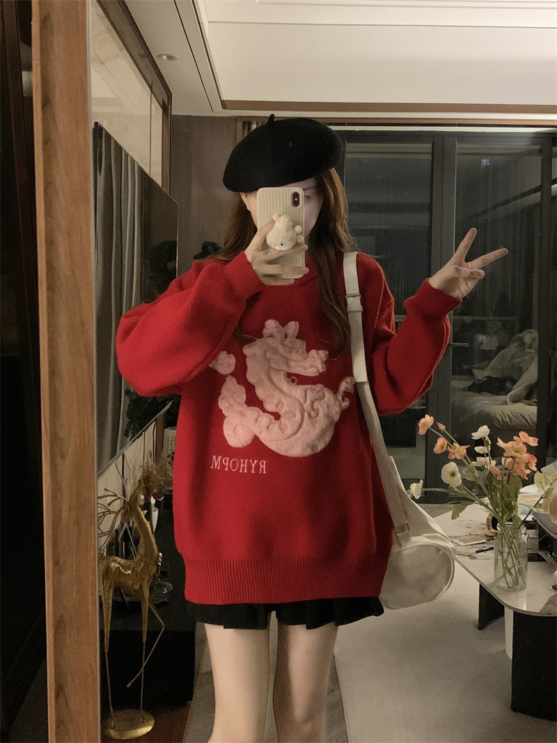 日系復古卡通刺繡紅色毛衣女秋冬季慵懶風軟糯寬鬆減齡高級針織衫