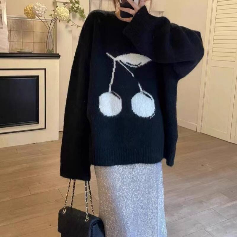 櫻桃刺繡套頭毛衣2023秋冬新款別致設計感慵懶軟糯上衣韓版針織衫