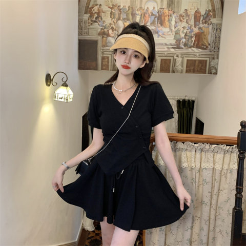辣妹風不規則V領短袖T恤女夏季韓版2023新款修身顯瘦抽繩短款上衣