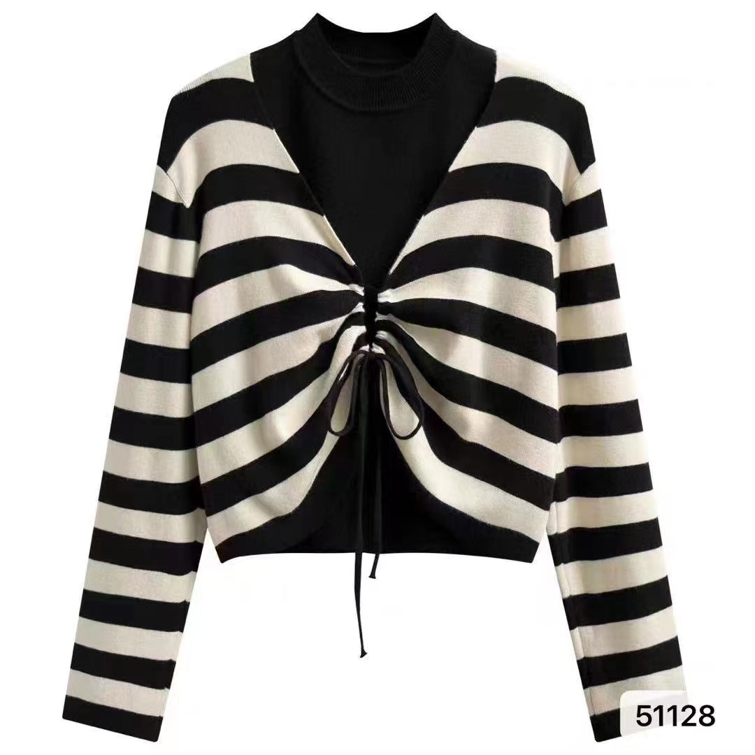 Korean style new half turtleneck vest + pleated lace-up striped long-sleeved two-piece chic top sweet and spicy suit