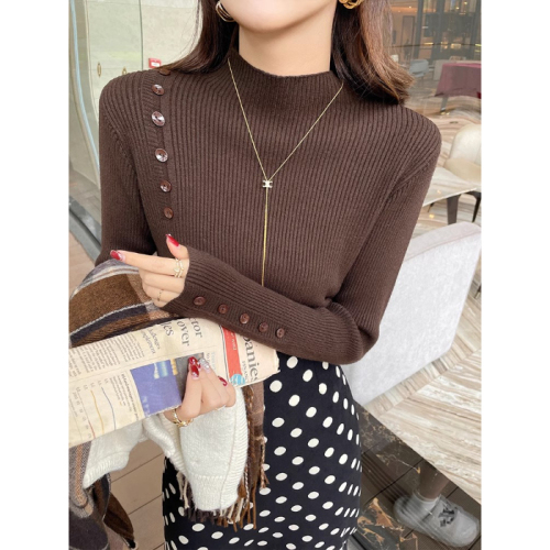 Thick knitted sweater bottoming half turtleneck internet celebrity design button decorated sweater female student fashion