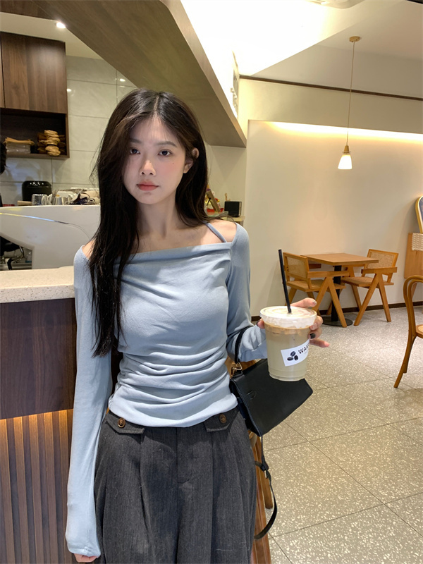 實拍 秋冬百搭修身顯瘦小性感兩穿露肩綁帶打底長袖T恤女