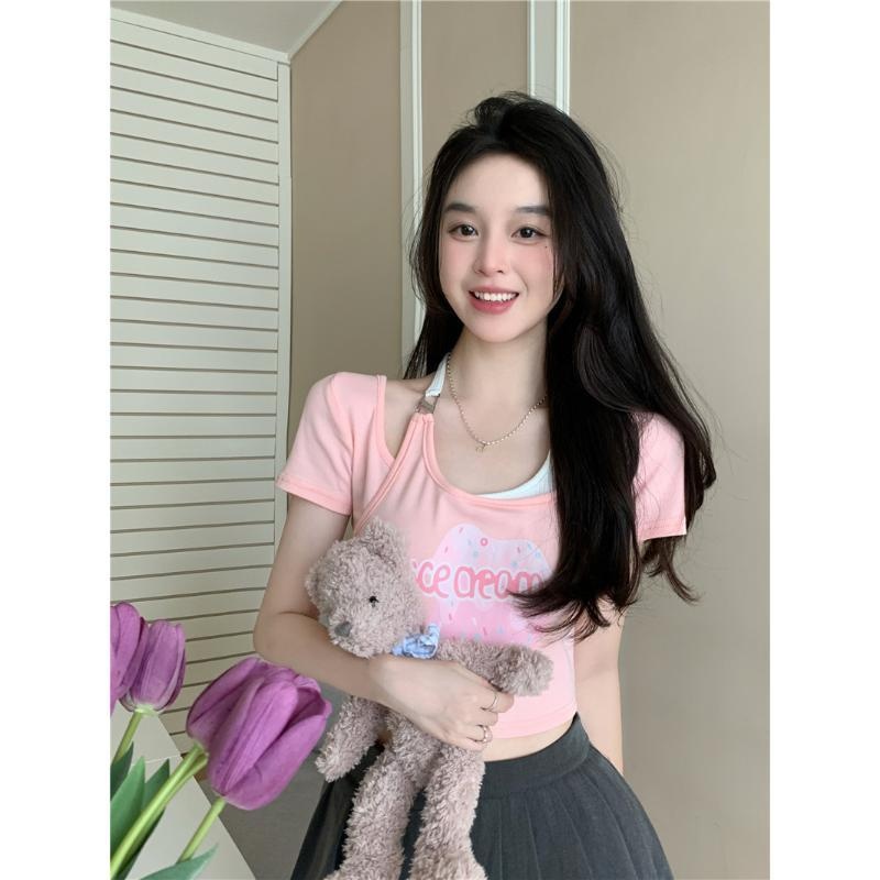 仿棉 螺紋純欲風夏季性感辣妹短袖T恤女上衣印花假兩件