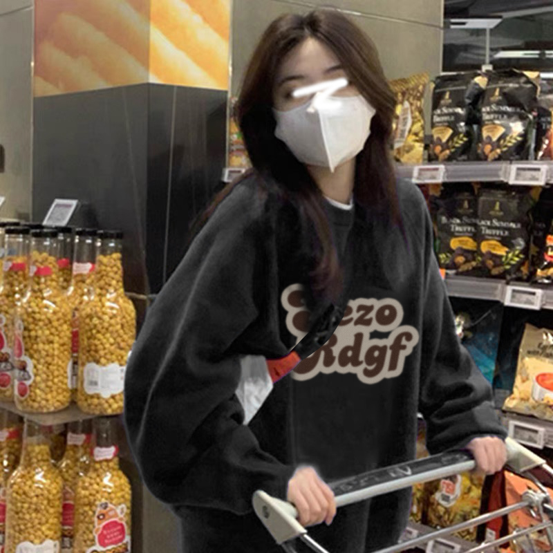 加絨加厚無帽衛衣女秋冬韓系設計感小眾oversize美式圓領長袖上衣