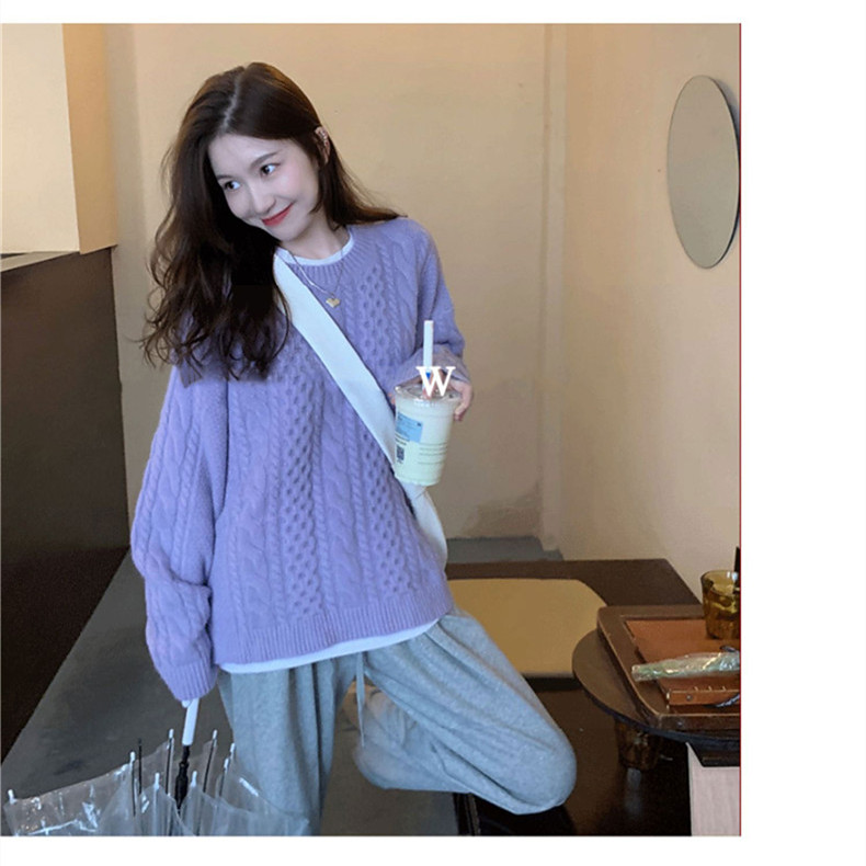 純色開叉毛衣女2024新款秋冬寬鬆外穿慵懶風麻花針織套頭短款上衣