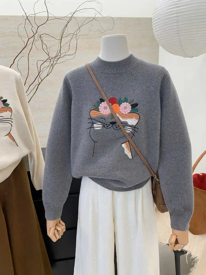 半高領韓系精緻刺繡花朵小貓咪加厚保暖寬鬆套頭針織毛衣女上衣