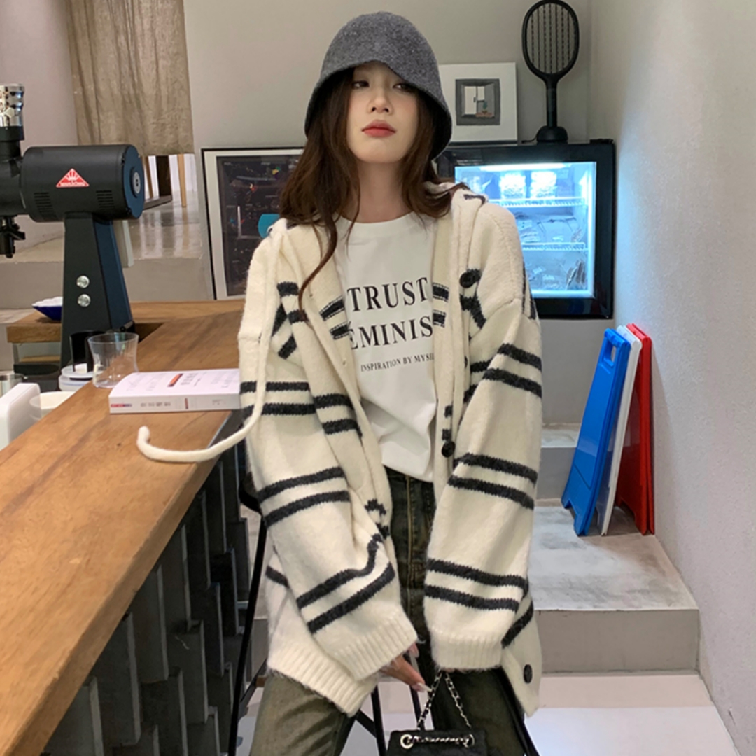Hooded Striped Brown Knitted Cardigan Women's Autumn and Winter Korean Style Loose Lazy Style Large Size Soft Waxy Sweater Jacket Top