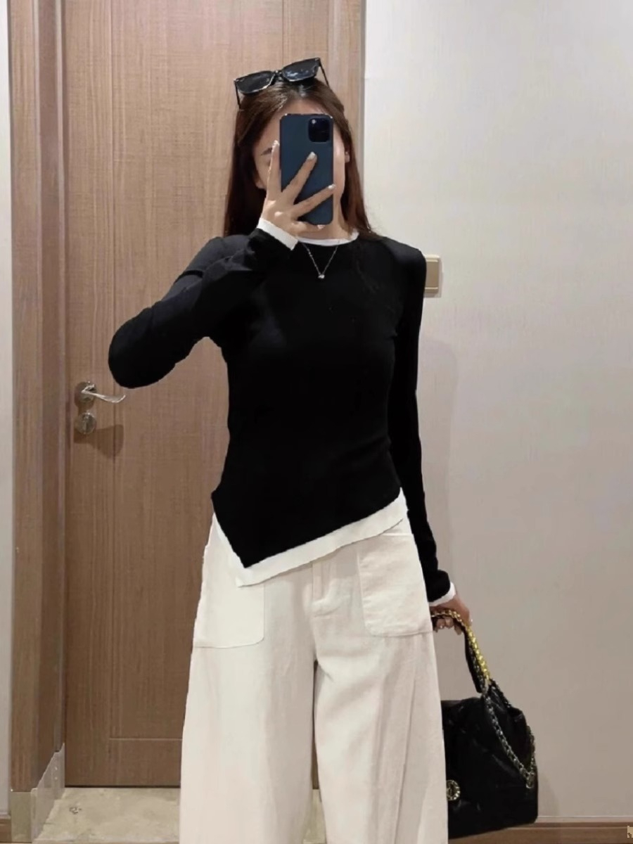 92 cotton 8 spandex 2024 spring and autumn new Korean style irregular slit top