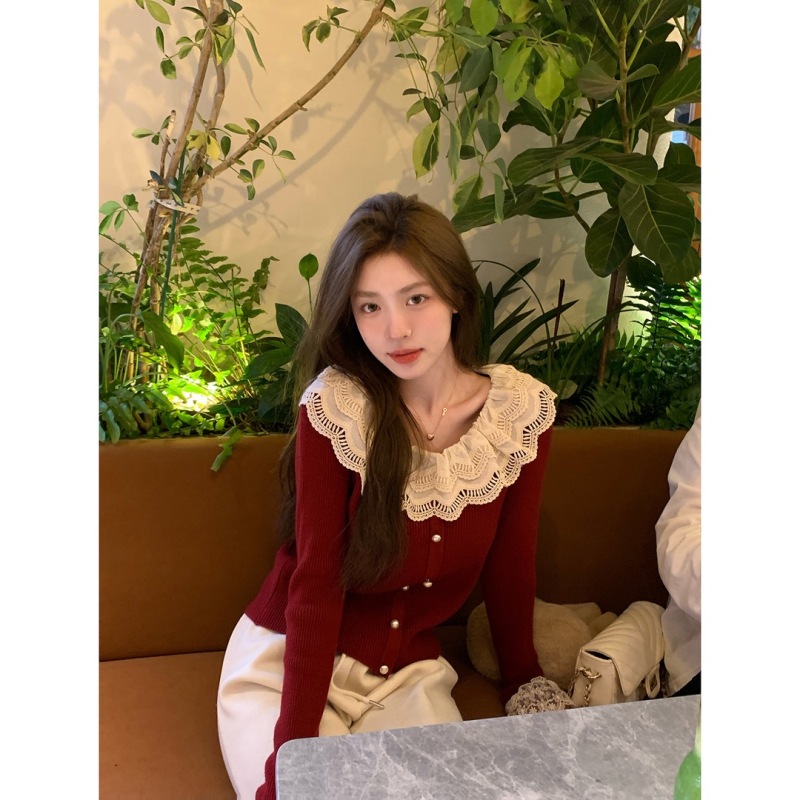 KUMAYES sweet lace trim loose knitted sweater women's autumn and winter new age-reducing pearl button bottoming top