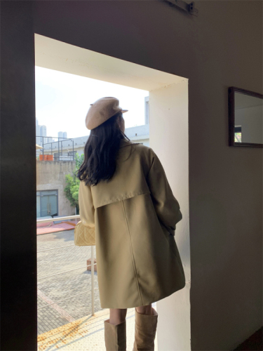 Actual shot of new autumn and winter Korean style casual mid-length loose khaki windbreaker jacket for women