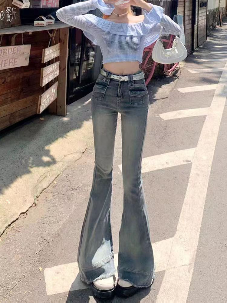 高腰復古設計感流蘇微喇叭牛仔褲女2023年新款彈力修身毛邊拖地褲