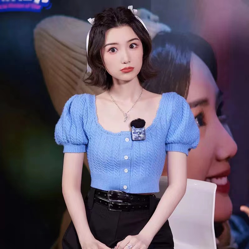 明星鞠婧禕毛曉彤同款藍色針織短袖u領短款泡泡袖上衣2023夏女