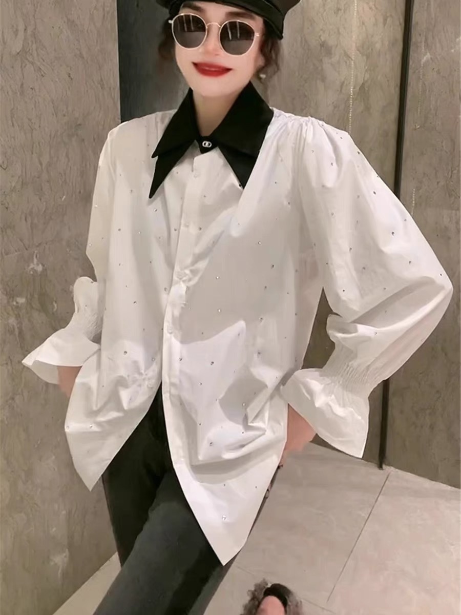 歐洲站2024早春新款時尚雙層領燙鑽單排扣長袖襯衫女洋氣上衣