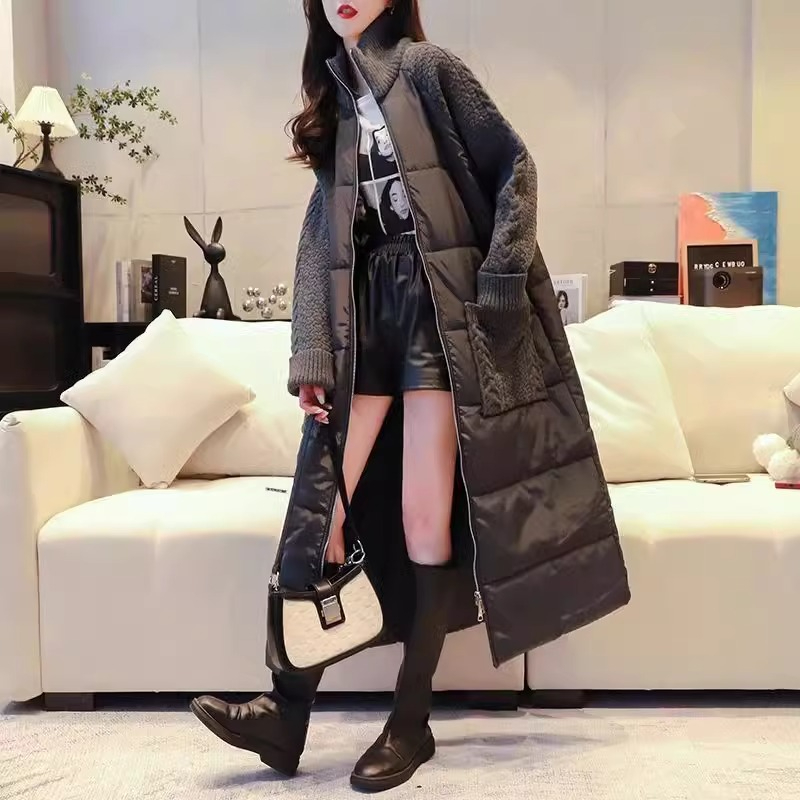 設計感拼接毛衣外套女2023新款秋冬季寬鬆慵懶風長款過膝針織開衫