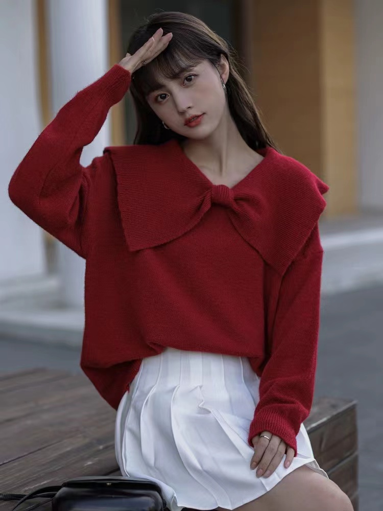 Red sweater women's outer wear design niche inner wear bow New Year's doll collar top and skirt complete set