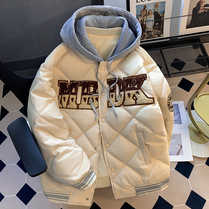 Fake two-piece cotton jacket for women, winter trendy ins hooded cotton clothespin, thickened cotton jacket, rhombus plaid baseball uniform jacket
