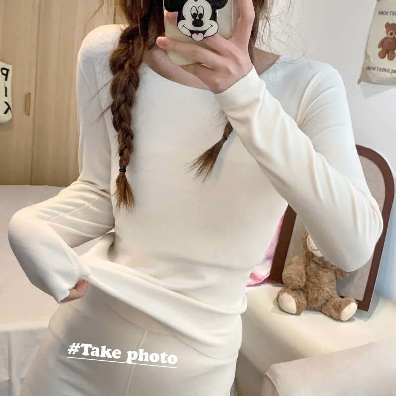 實拍 德絨發熱保暖內衣女內穿套裝秋衣秋褲無痕圓領磨毛打底