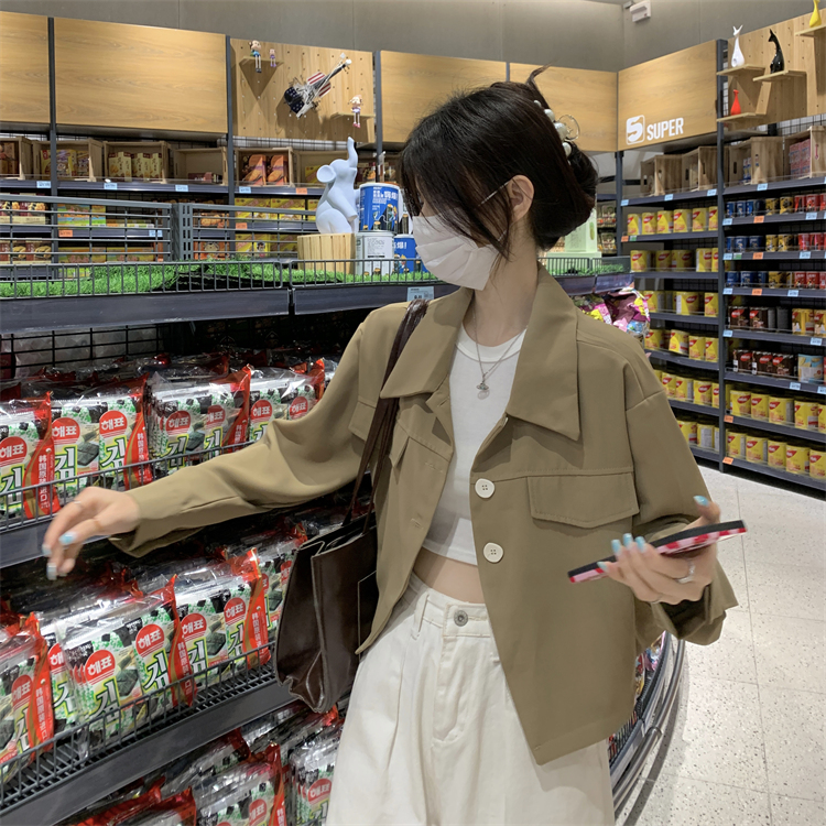 Actual shot of new autumn Korean style solid color small suit loose short coat for women