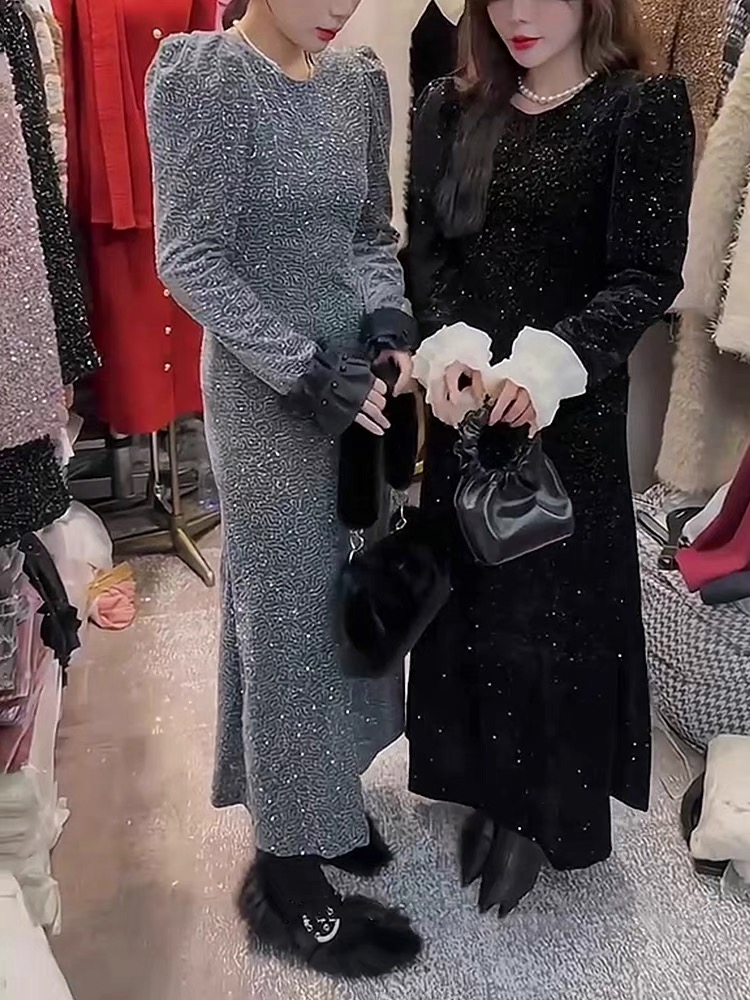 設計感小眾釘珠荷葉邊拼接亮片泡泡袖連衣裙2024新款女春氣質長裙