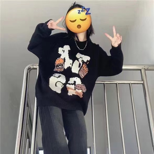 漢堡字母印花圓領毛衣男女美式寬鬆休閒情侶上衣
