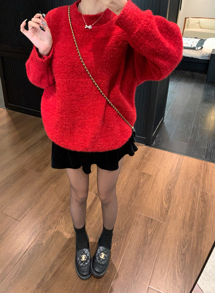 實拍 寬鬆加厚紅色奶乎乎溫柔毛衣慵懶風上衣