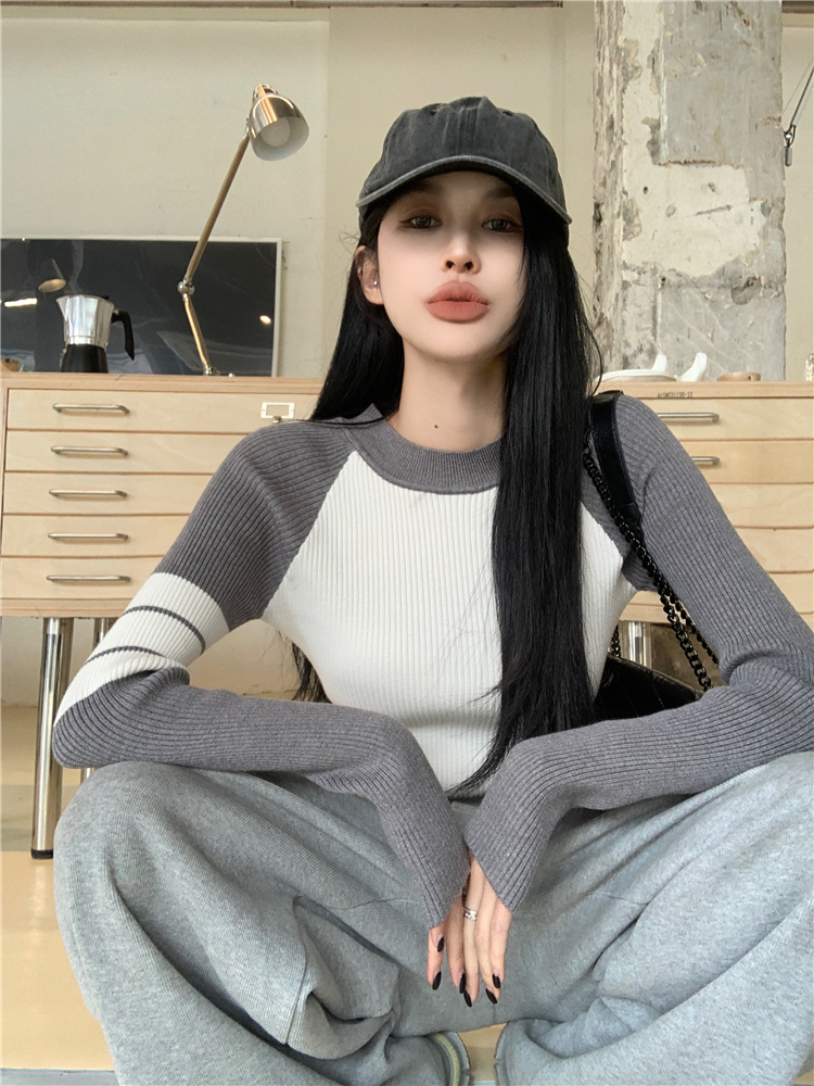 實拍  美式復古短款長袖針織衫女修身顯瘦打底衫上衣