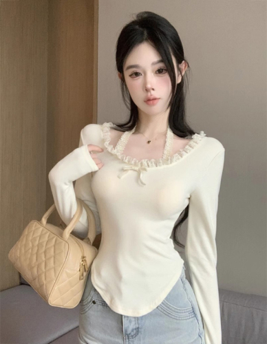 Lace bow halterneck long-sleeved T-shirt women's autumn and winter short top bottoming shirt