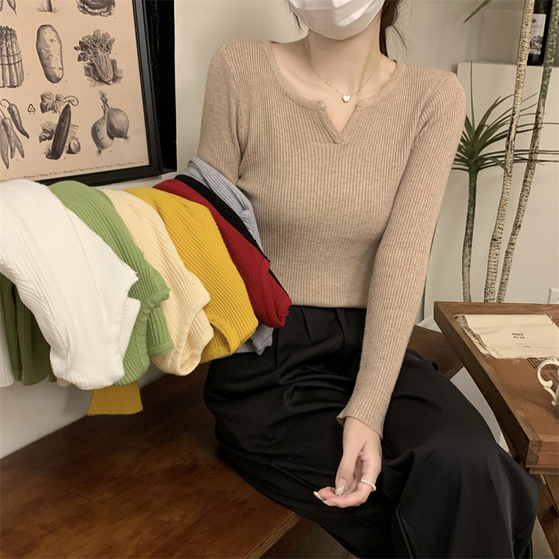 v領毛衣女2024年早秋新款洋氣打底衫內搭針織衫春秋修身長袖上衣