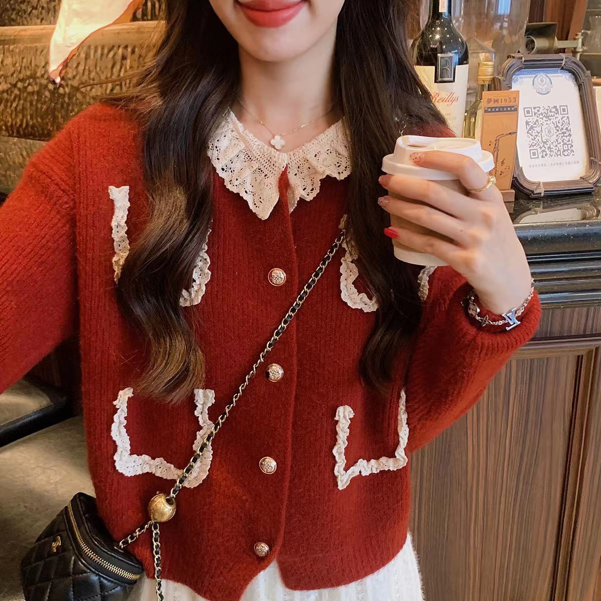 Anli Exquisite Lace Doll Collar Knitted Cardigan Sweet Girly Soft Festival Atmosphere Red Sweater New Style