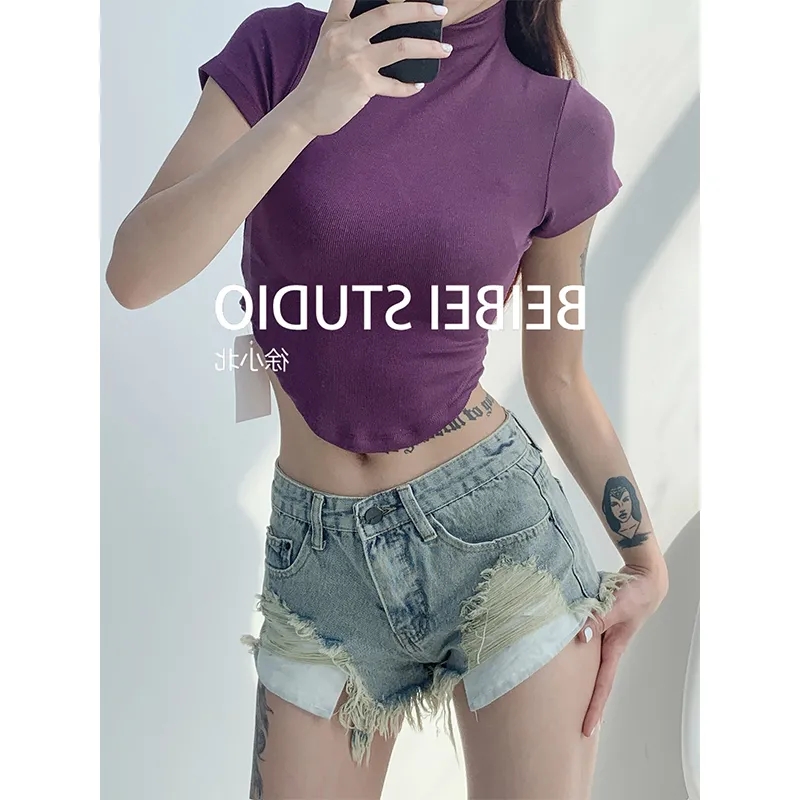 美式辣妹牛仔褲女破洞毛邊熱褲2024夏季新款超短褲復古高腰闊腿褲