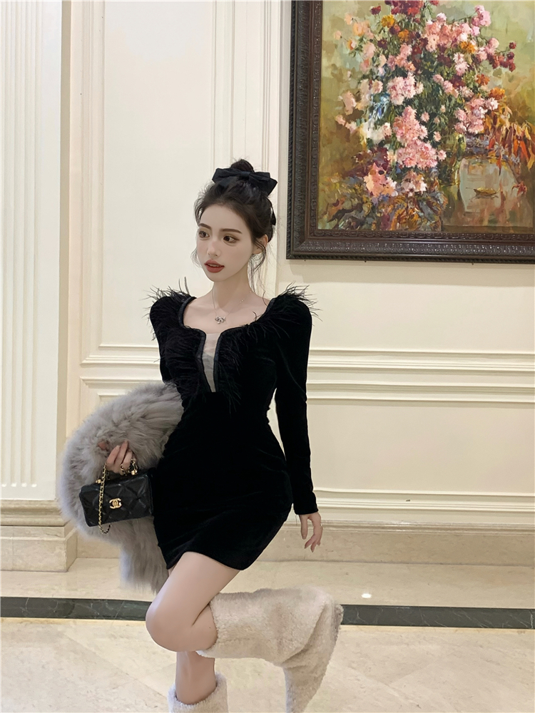 Real shot!  High-end fur stitching velvet dress Hepburn style sexy hip-hugging skirt for women
