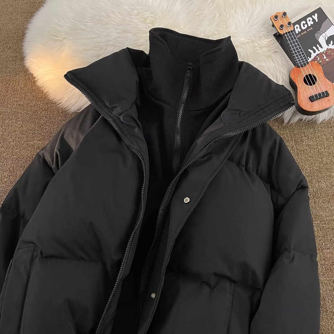 Solid color fake two piece stand collar short cotton coat for women new winter thickened bread coat warm black cotton coat