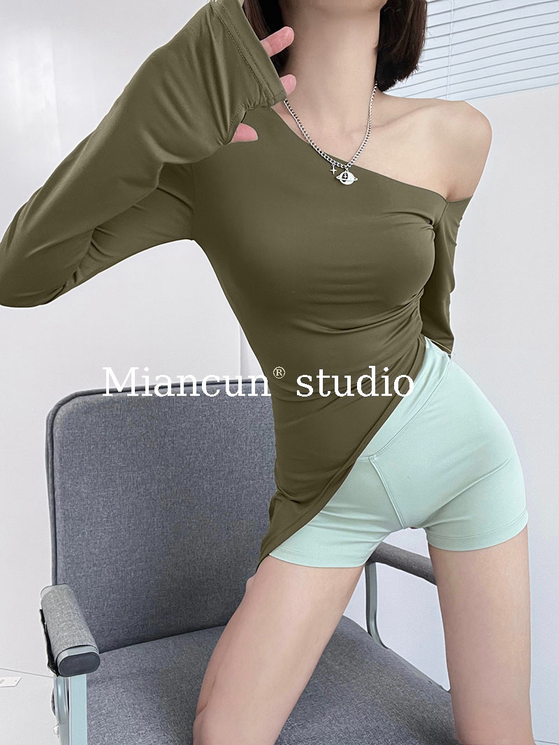 40 count modal 260g rayon hot girl off-shoulder long-sleeved T-shirt women's oblique shoulder irregular slim slimming top