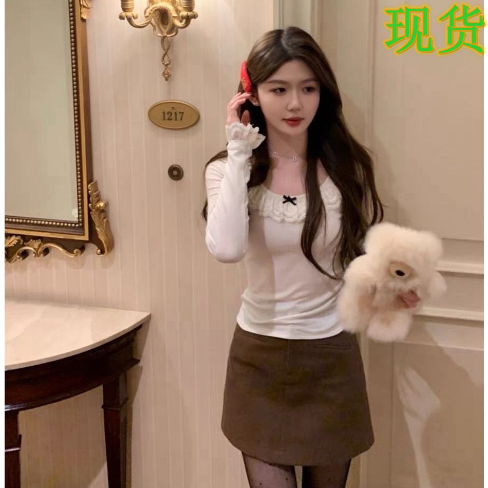 笨笨家芍藥念念 可愛蕾絲花邊領蝴蝶結小衫長袖打底衫甜美t恤上衣