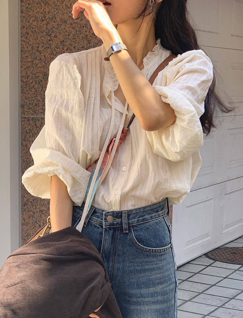 INS韓國東大門！春季新款立領花邊泡泡袖少女法式襯衫減齡襯衣