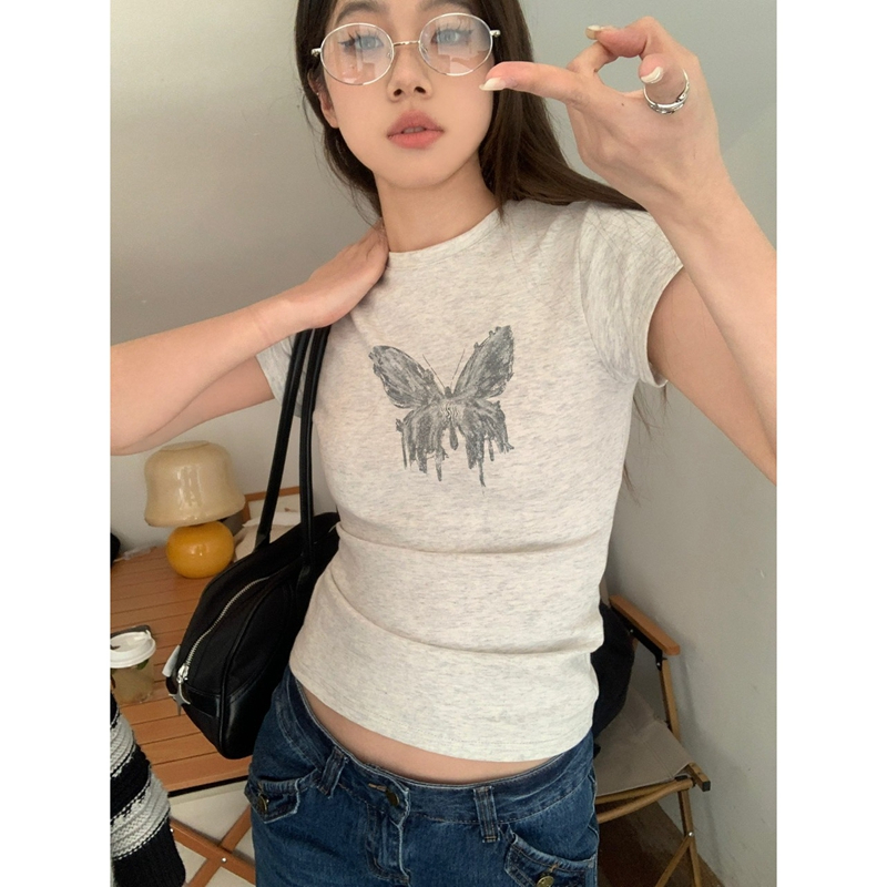 官圖 6535拉架棉 美式復古辣妹蝴蝶印花正肩短袖T恤夏季修身