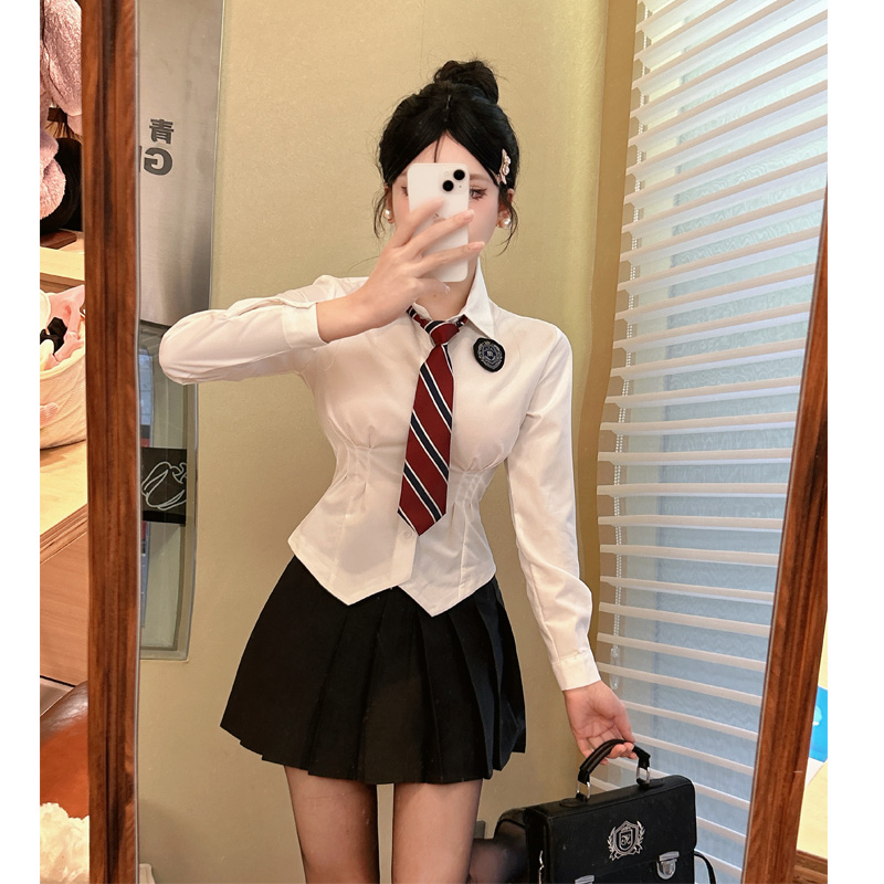 jk收腰襯衫女長袖辣妹百褶裙制服套裝百搭修身顯瘦日系學院風白色