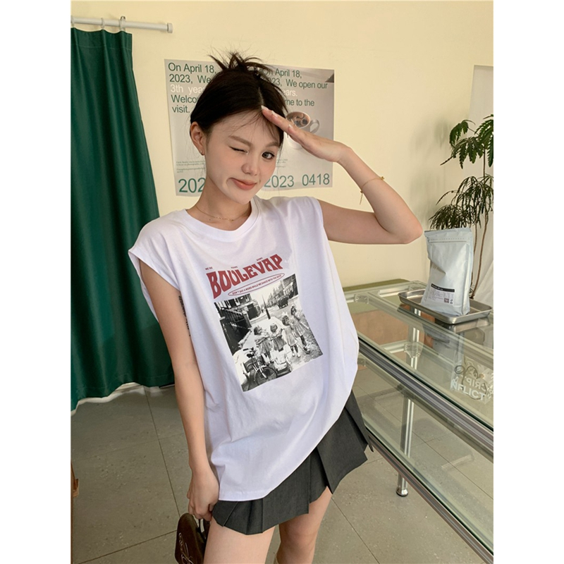 Official picture 220g 6535 stretch cotton American letter sleeveless t-shirt for women 2024 summer new retro