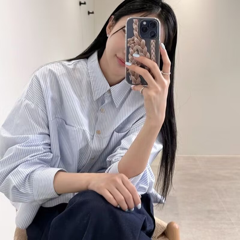 韓國chic韓版休閒 翻領單排扣隱形口袋 小清新細條紋寬鬆百搭襯衫