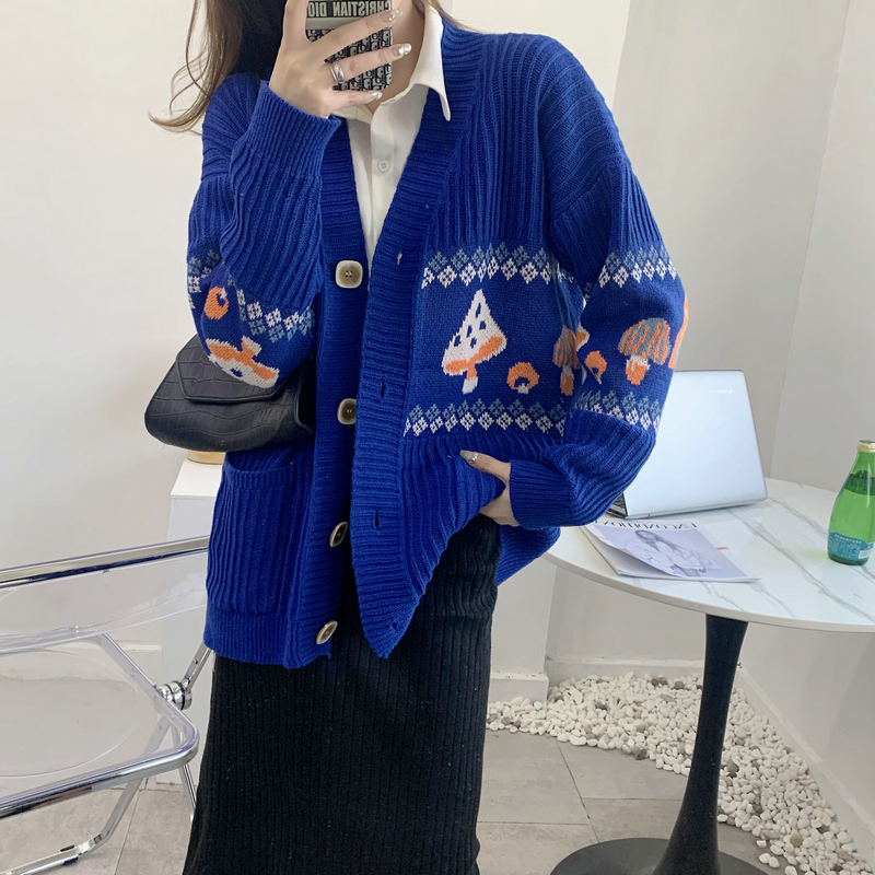 實拍韓國秋冬新品寬鬆休閒刺繡V領紐扣長袖毛衣開衫女裝針織外套