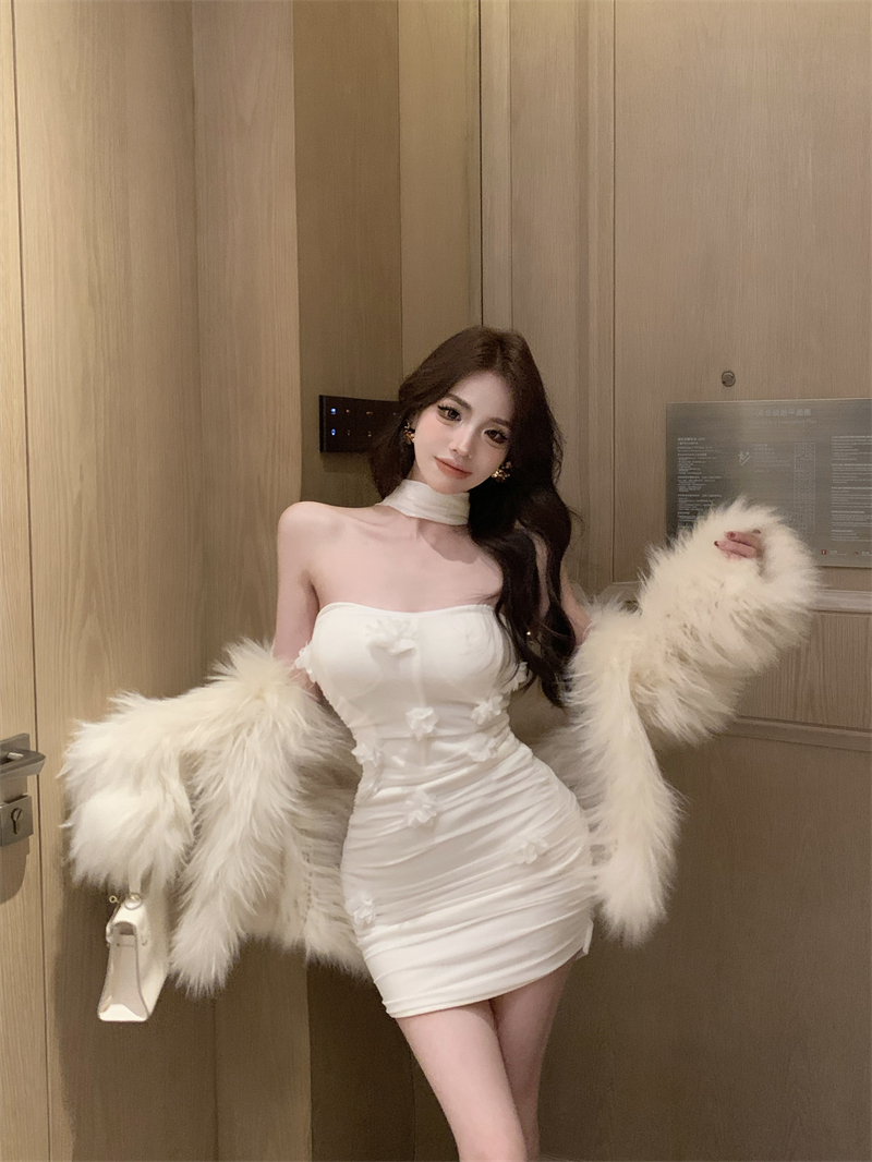 實拍~辣妹網紗立體花朵掛脖連衣裙性感包臀短裙修身打底裙女