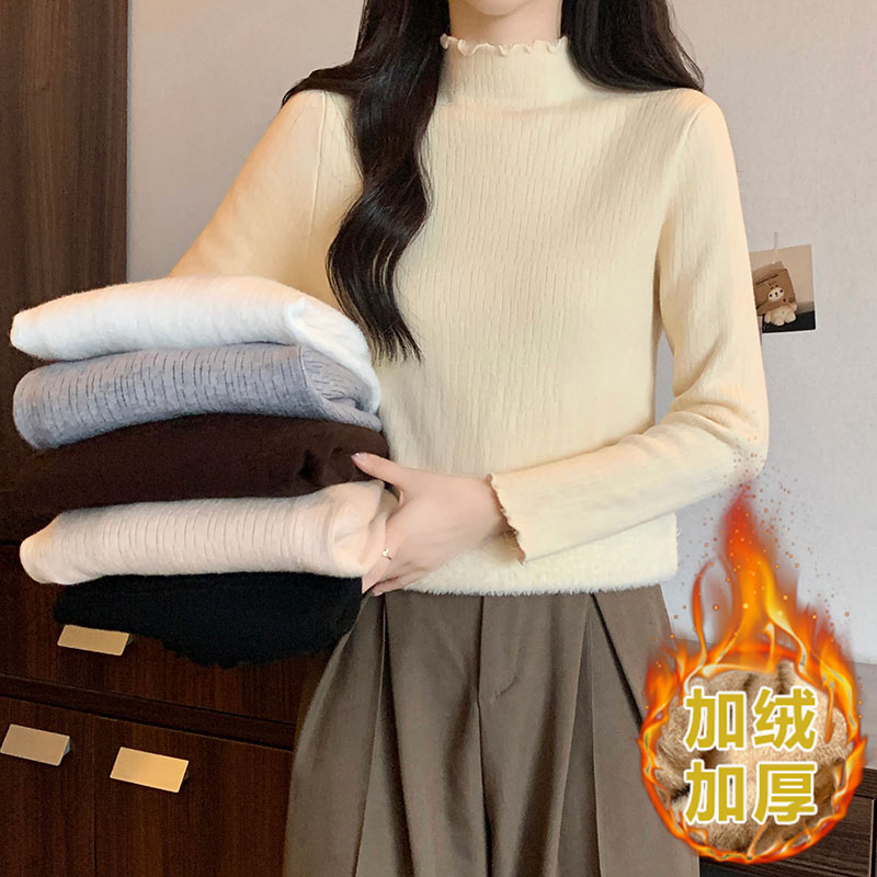 實拍毛衣女冬季加厚內搭一體仿水貂絨長袖上衣木耳邊打底衫